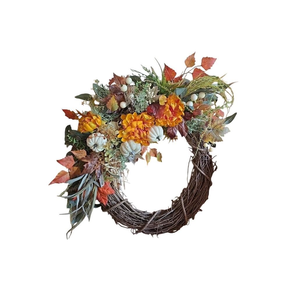 Handmade Autumn Fall Pumpkin Door Wreath 24" Orange Flowers Leaves